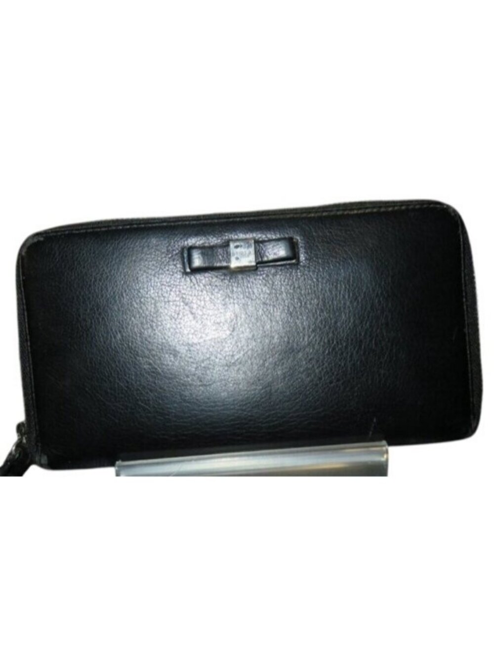 FURLA Vintage Black Italian Leather Full Zip Around Long Wallet Bow Embellished